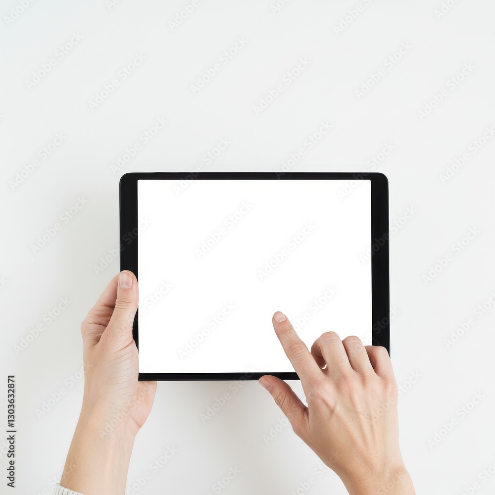 Close-up of hands holding a large tablet device with touch screen interaction for a sleek and modern representation of digital lifestyle and technology Close-up of hands holding a large tablet device with touch screen interaction for a sleek and modern representation of digital lifestyle and technology