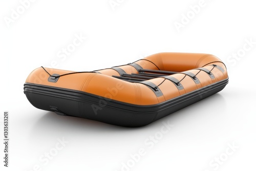 A bright orange inflatable raft resting on a smooth white surface under soft lighting isolated on transparent background