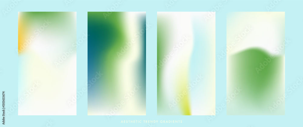 Fototapeta premium Fresh spring minimal stories set. Light green, white vertical vector bg. Pastel gradient background. Simple soft abstract vector texture. Green stories design template for poster, social post, cover