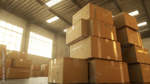 Stacked cardboard boxes in a spacious warehouse with natural light shining through windows creating a warm atmosphere for storage and logistics operations