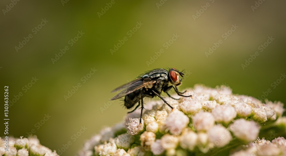 Close-up of a housefly on white blossoms in a green natural setting Close-up of a housefly on white blossoms in a green natural setting