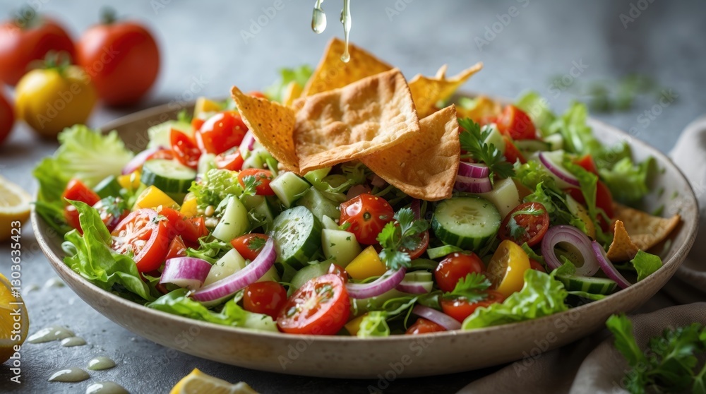 Fresh and Colorful Salad with Crispy Chips, Cherry Tomatoes, Cucumber, Red Onion, and Herbs Dri Fresh and Colorful Salad with Crispy Chips, Cherry Tomatoes, Cucumber, Red Onion, and Herbs Dri