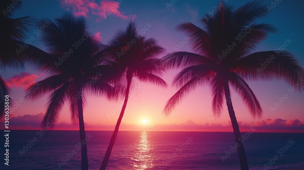 Vibrant sunset over ocean with palm trees silhouettes and dramatic sky colors Vibrant sunset over ocean with palm trees silhouettes and dramatic sky colors