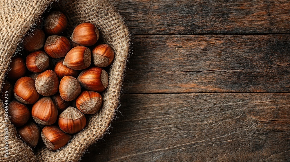 Hazelnuts in burlap sack on rustic wooden table Hazelnuts in burlap sack on rustic wooden table