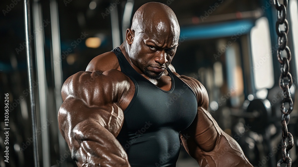 A muscular bodybuilder posing in a gym setting. A muscular bodybuilder posing in a gym setting.