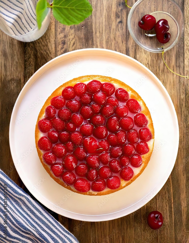 A white plate topped with a cake covered in cherries A white plate topped with a cake covered in cherries