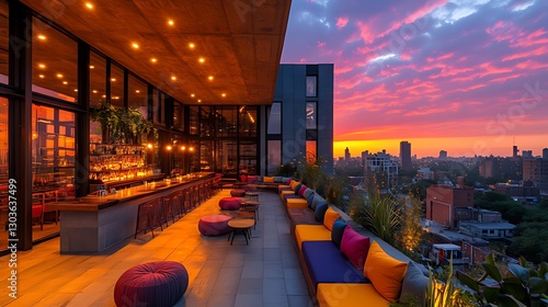 Rooftop bar sunset city view vibrant seating