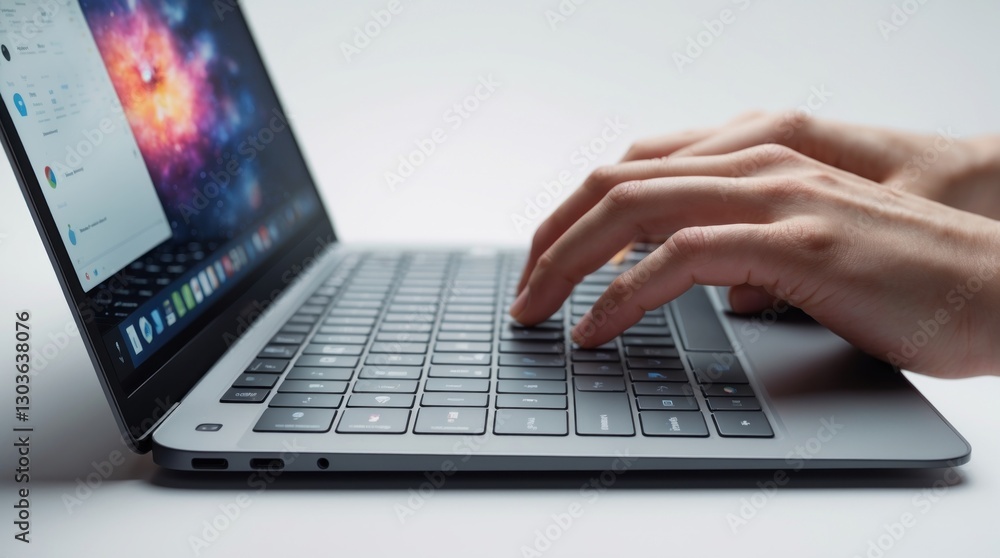 Hands Typing on a Modern Laptop Keyboard with a Vibrant Screen Display Hands Typing on a Modern Laptop Keyboard with a Vibrant Screen Display