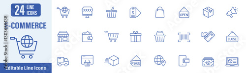 E-commerce Line Editable Icons set. Contains icons as shopping cart, online shopping, mobile shop, delivery and more. Vector illustration.
