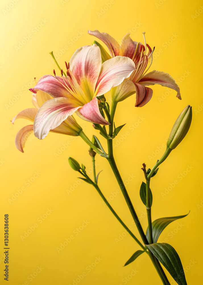 Obraz premium Close-Up of Pink and White Flowers with Gradient Petals and Green Stems Against a Yellow Background