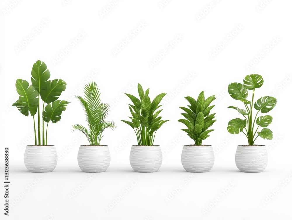 Five stylish potted plants arranged in a modern setting with a clean background Five stylish potted plants arranged in a modern setting with a clean background