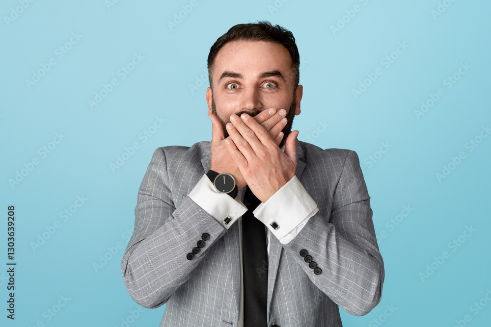 Millennial businessman covering his mouth in surprise against blue background Millennial businessman covering his mouth in surprise against blue background
