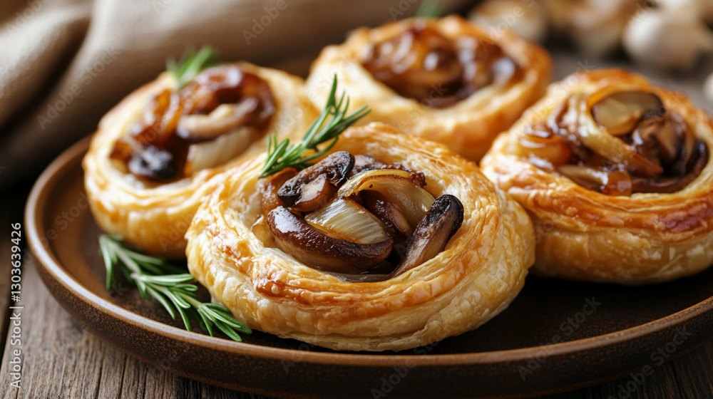 Close-up of puff pastry rolls filled with sautéed mushrooms and onions, garnished with fresh rosemary, placed on a rustic plate, showcasing a delicious savory snack. Close-up of puff pastry rolls filled with sautéed mushrooms and onions, garnished with fresh rosemary, placed on a rustic plate, showcasing a delicious savory snack.