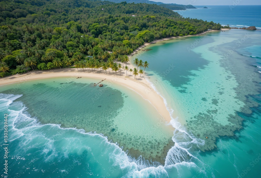 Tropical Beach Paradise. Aerial View Showcases White Sand, Turquoise Water, Lush Greenery, And Palm Trees Dotting The Crescent Shoreline. Relaxation And Serene Escape Await, A Perfect Vacation Tropical Beach Paradise. Aerial View Showcases White Sand, Turquoise Water, Lush Greenery, And Palm Trees Dotting The Crescent Shoreline. Relaxation And Serene Escape Await, A Perfect Vacation