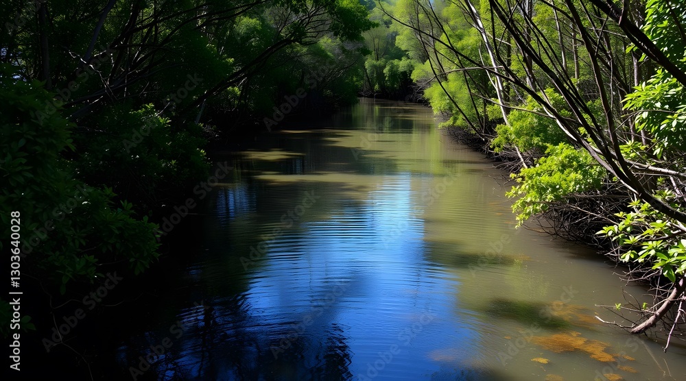 Serene river scene surrounded by lush greenery, reflecting sunlight and offering a peaceful natural escape in a vibrant ecosystem. Serene river scene surrounded by lush greenery, reflecting sunlight and offering a peaceful natural escape in a vibrant ecosystem.