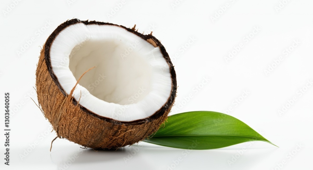 Fresh half coconut with green leaf on white background Fresh half coconut with green leaf on white background