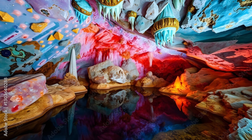 Fototapeta premium Vibrant underground cave with colorful rock formations and reflective water creates a mystical atmosphere perfect for exploration and adventure. 