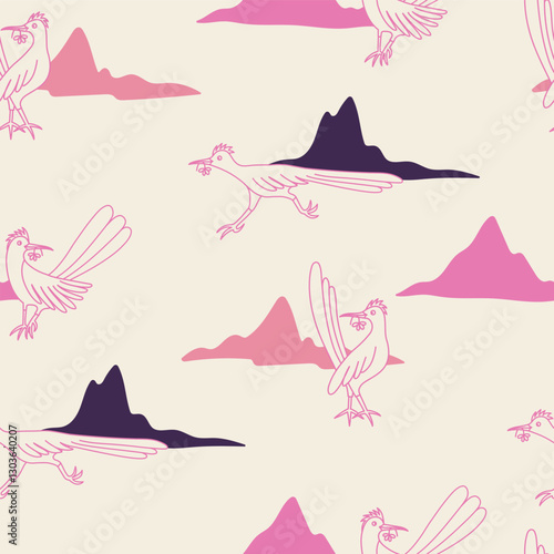 Desert birds illustration vector seamless pattern. Western landscape with mountains and roadrunners. For wallpaper, children's clothing design etc. 