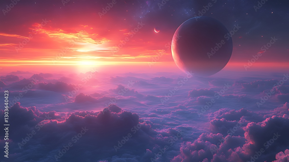Alien planet sunrise, cloudscape, cosmic background, fantasy art Alien planet sunrise, cloudscape, cosmic background, fantasy art