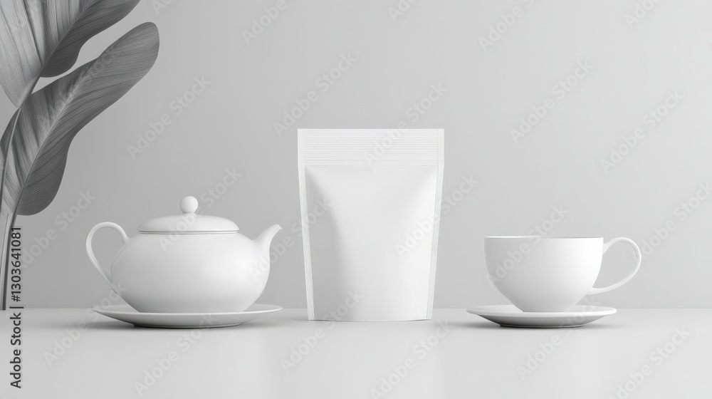 Minimalist Tea Setup with White Teapot, Cup, and Blank Package on Light Background for Product Display or Branding in Relaxed Atmosphere Minimalist Tea Setup with White Teapot, Cup, and Blank Package on Light Background for Product Display or Branding in Relaxed Atmosphere
