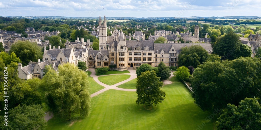 Fototapeta premium Aerial view of college campus, green lawns, England