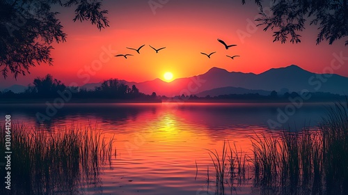 Birds fly over lake sunset mountainscape