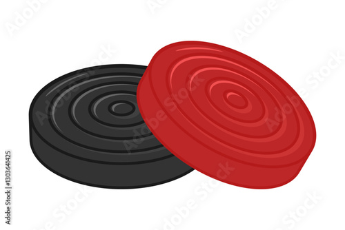 Red and black checkers or draughts board game pieces in realistic vector style