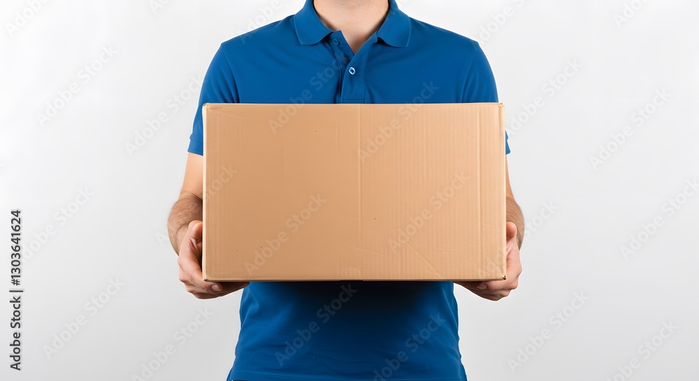 Delivery Man Carrying Cardboard Box Package in Blue Shirt on White Delivery Man Carrying Cardboard Box Package in Blue Shirt on White
