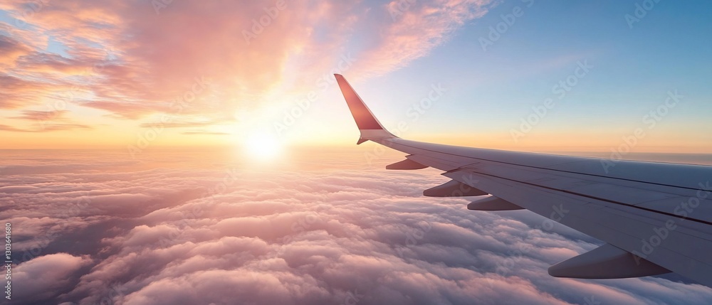 Fototapeta premium Airplane wing sunset cloudscape; travel