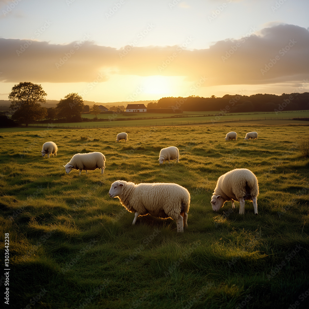 Fototapeta premium Flock of Sheep Grazing on a Rolling Green Pasture at Sunset
