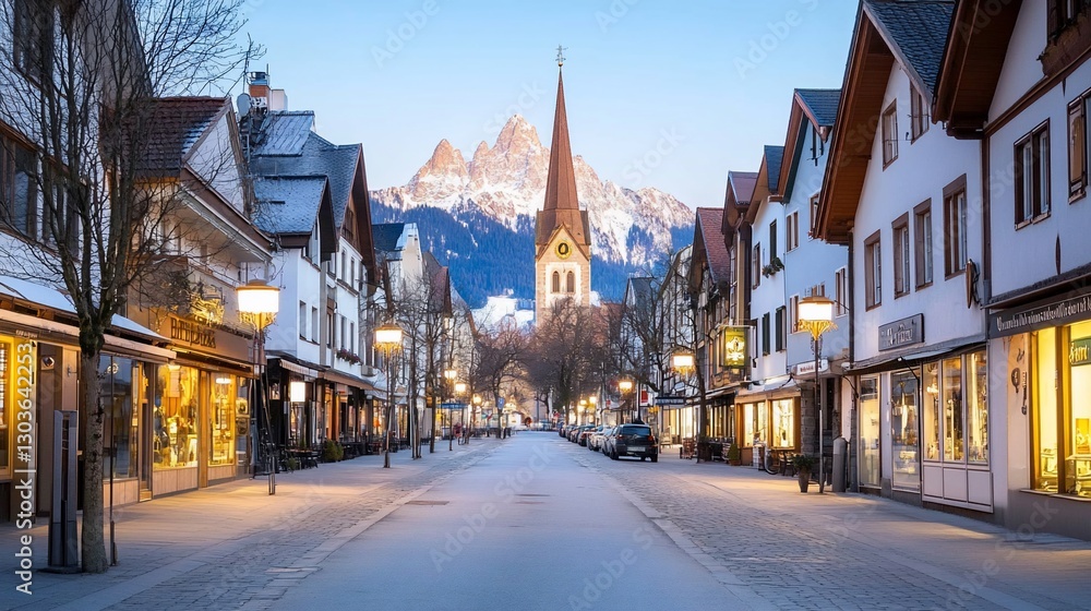 Naklejka premium Alpine town street dawn, snowy mountains