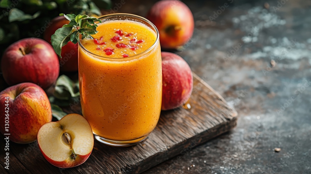 Glass of orange juice with fresh apples on a wooden table in natural light setting Glass of orange juice with fresh apples on a wooden table in natural light setting