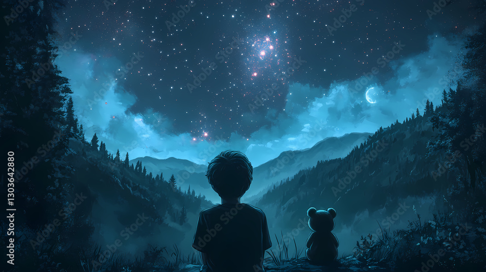 A boy gazes at a starlit sky with his teddy bear by his side, evoking wonder and dreams. Wonderment - Forest. Illustration A boy gazes at a starlit sky with his teddy bear by his side, evoking wonder and dreams. Wonderment - Forest. Illustration