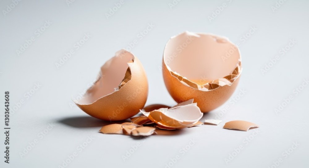 Close-up of broken eggshell pieces on gray background Close-up of broken eggshell pieces on gray background