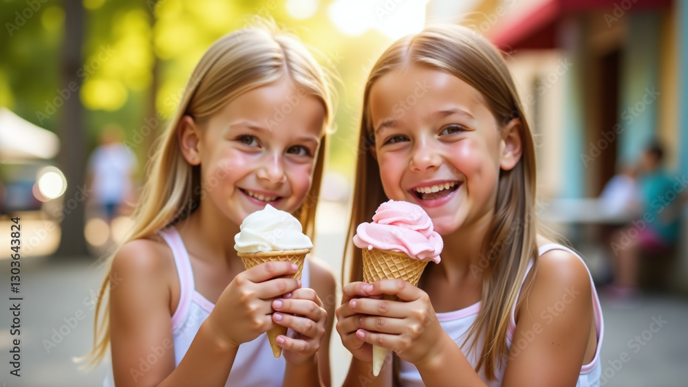 young girls enjoy ice cream warm summer days young girls enjoy ice cream warm summer days