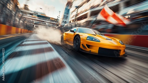 Wallpaper Mural Yellow race car speeding, finish line, city backdrop, advertising Torontodigital.ca