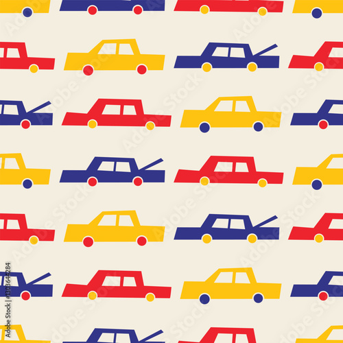 Cheerful vector seamless pattern with funny abstract cars in bright colors. Blue, red and yellow cars perfect for kids fabric or wallpaper. 
