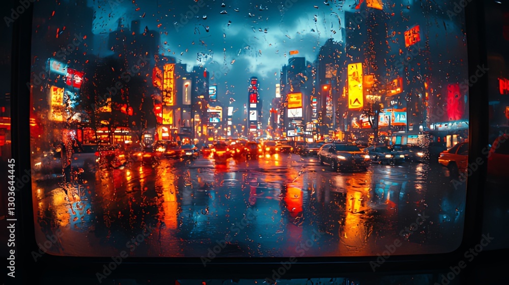 Fototapeta premium Rainy Night Cityscape, Traffic, Window View, Neon Lights, Background Blur