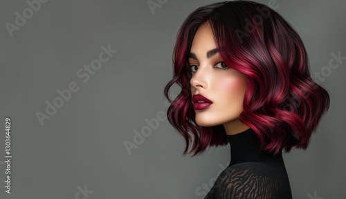 Beautiful Woman with burgundy balayage , hair coloring technique. Beauty model girl with short soft wavy hair . curly hairstyle dye .Fashion, cosmetics and makeup