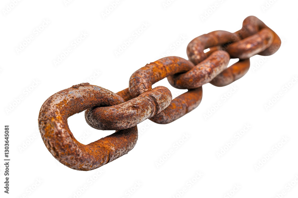 Weathered metal chain resting on a white surface, showcasing rust and texture in an artistic way isolated on transparent background Weathered metal chain resting on a white surface, showcasing rust and texture in an artistic way isolated on transparent background