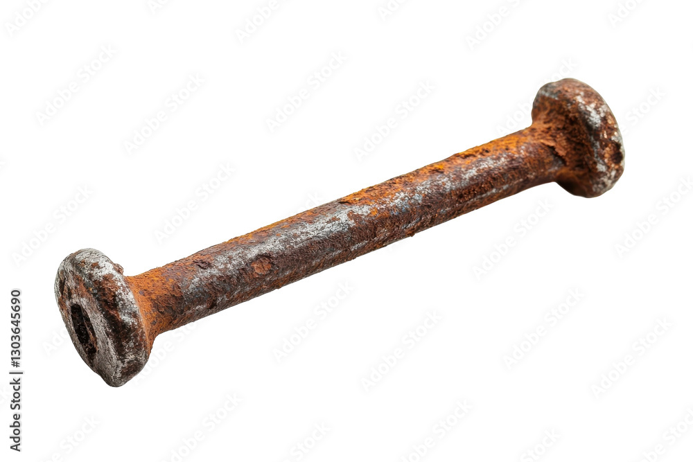 A weathered metal bar, heavily rusted, lies flat on a pristine white surface isolated on transparent background A weathered metal bar, heavily rusted, lies flat on a pristine white surface isolated on transparent background
