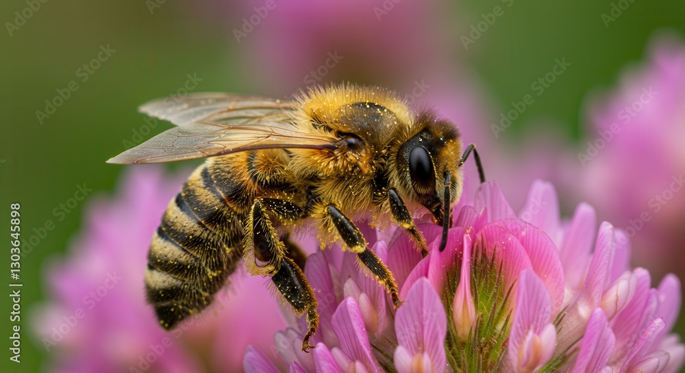 Bee Collecting Pollen on Pink Clover Flower During Spring Season Bee Collecting Pollen on Pink Clover Flower During Spring Season
