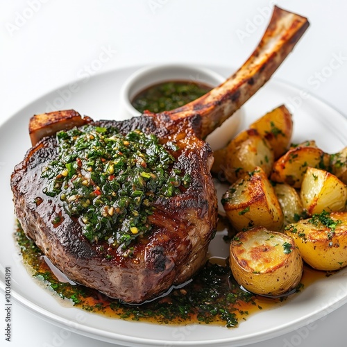 Grilled Bone-in Ribeye Steak with Roasted Potatoes and Chimichurri Sauce.