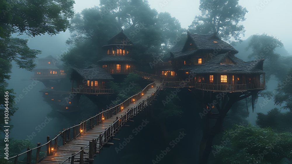 Fototapeta premium Misty jungle treetop village, illuminated walkways, tourism