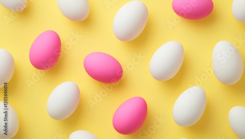 Brightly colored Easter eggs scattered on a vibrant yellow background
