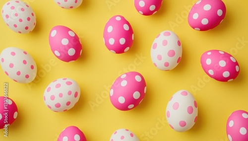 Brightly colored Easter eggs scattered on a vibrant yellow background