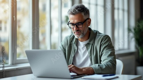 A mid-shot of a smiling middle-aged man working on a laptop computer in a bright, modern home office setting.