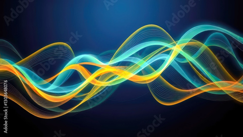 A futuristic background of glowing light blue and green lines, data particles flowing in the air. Streaming data. Data Flow.