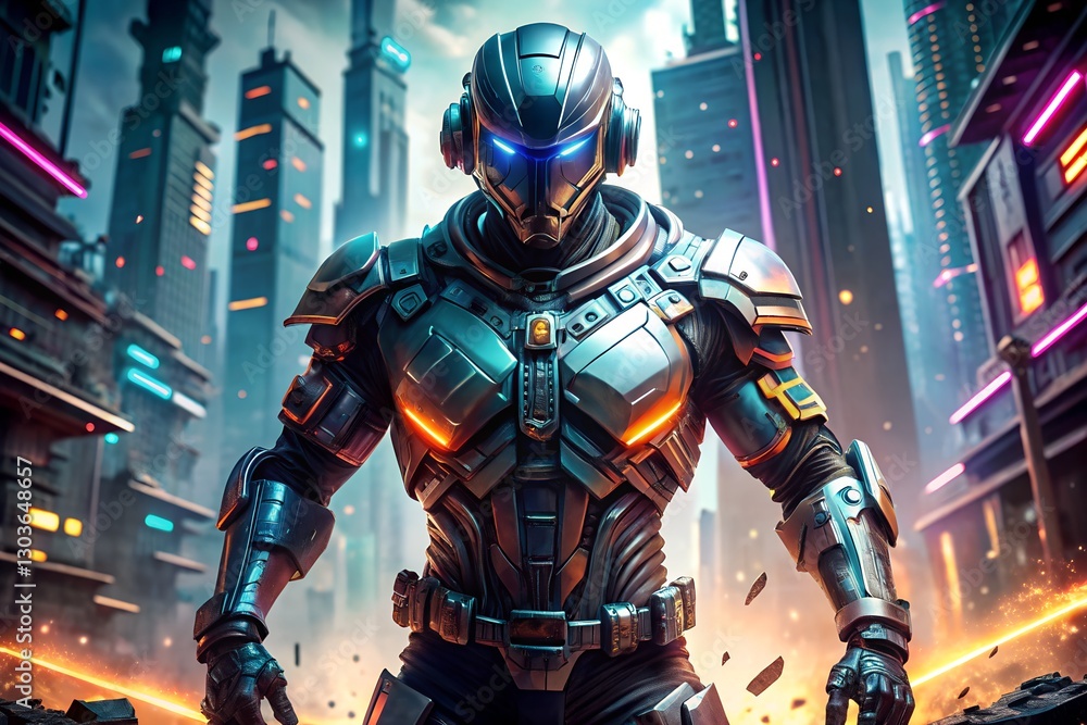 Fototapeta premium Futuristic Cyber Warrior in Battle Pose with High-Tech Neon Armor