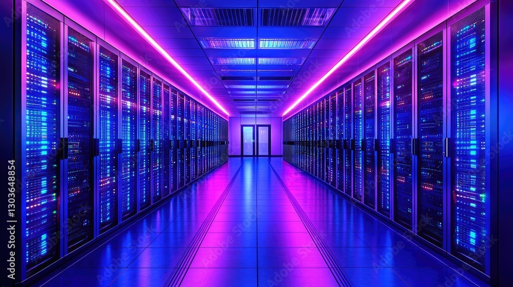 Futuristic data center with glowing blue and purple server racks, symbolizing advanced cloud computing, cybersecurity, and networking. Ideal for IT, technology, and digital infrastructure Futuristic data center with glowing blue and purple server racks, symbolizing advanced cloud computing, cybersecurity, and networking. Ideal for IT, technology, and digital infrastructure